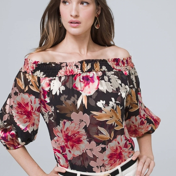 NWOT WHBM Floral Silk Burnout Off Shoulder Top-XXS - Picture 2 of 9